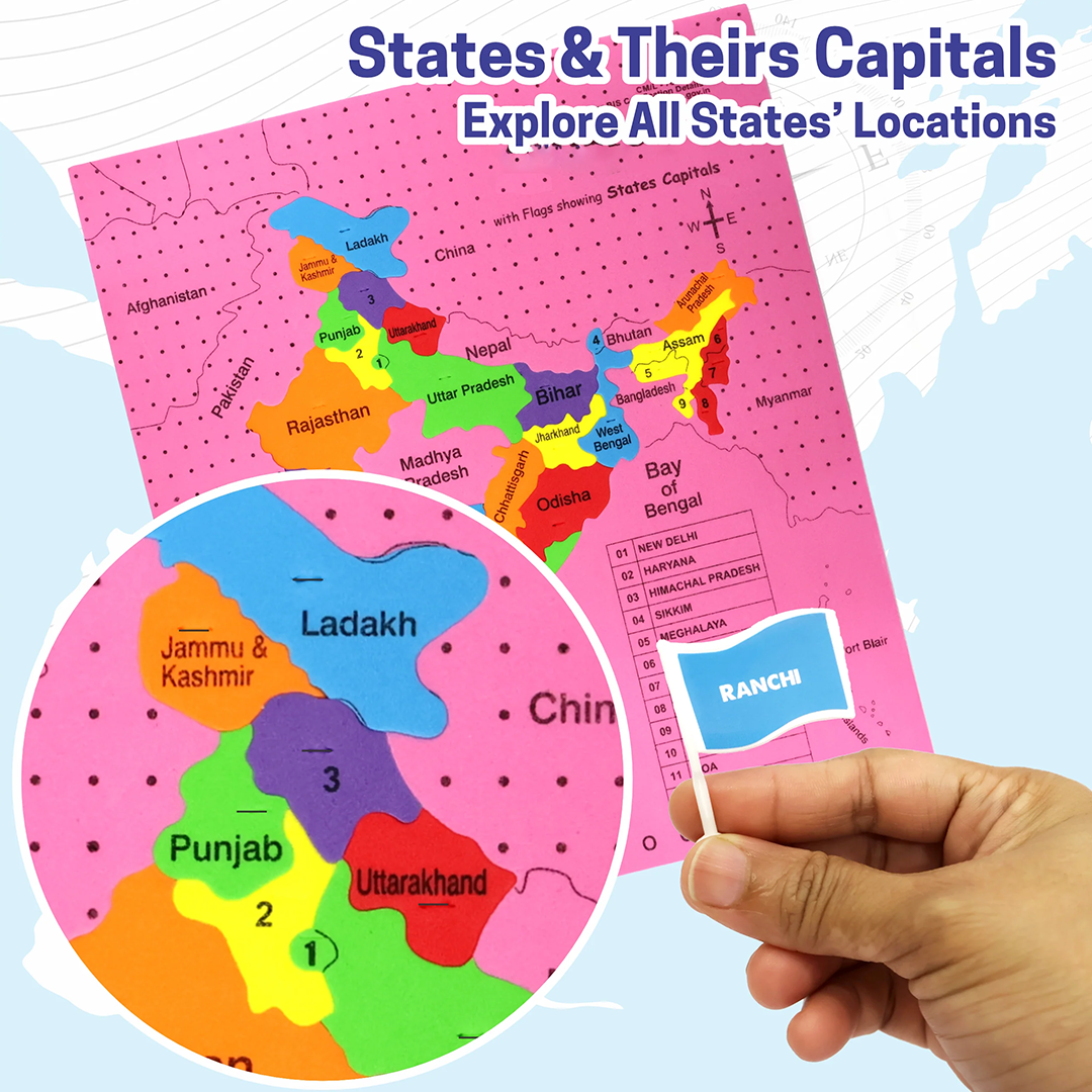 “India Map Puzzle with Capitals – Flags, Flashcards & Fun Learning Kit for Kids (Age 5+)”