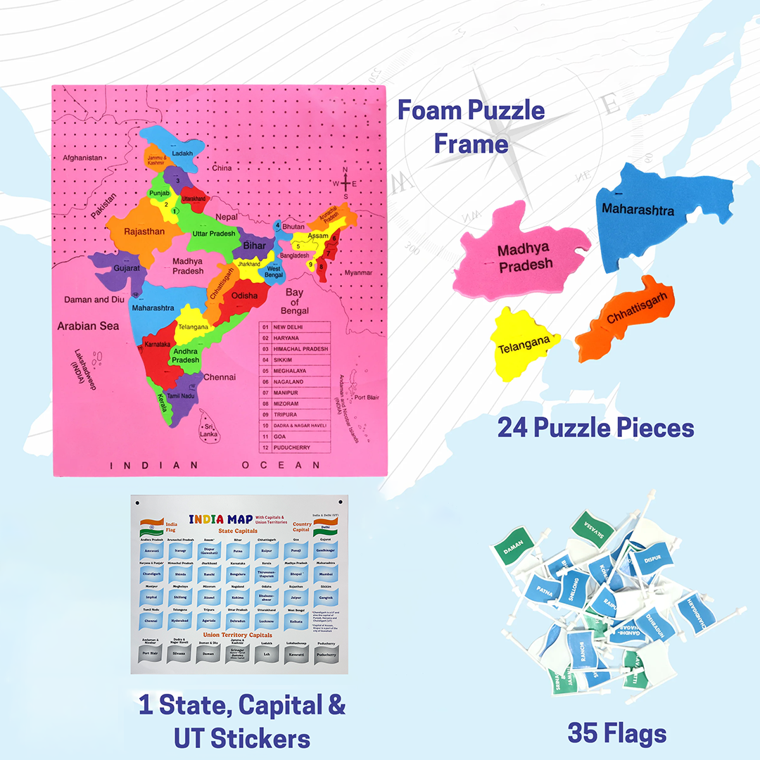“India Map Puzzle with Capitals – Flags, Flashcards & Fun Learning Kit for Kids (Age 5+)”