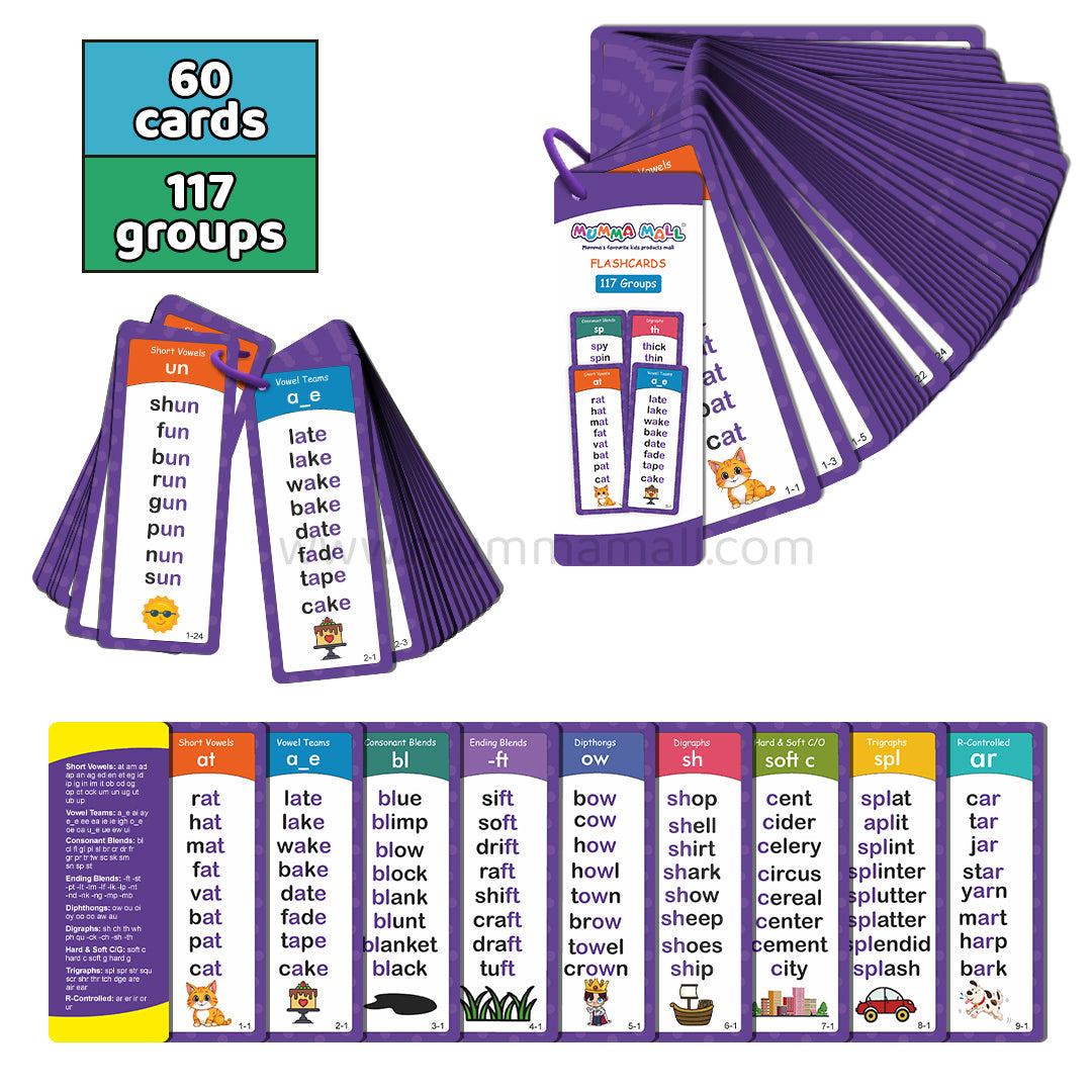 Mumma Mall - Educational Phonics Words English 60 Flashcards for Kids Ages (3-8) Ideal for Homeschooling, Montessori & Classroom Activities